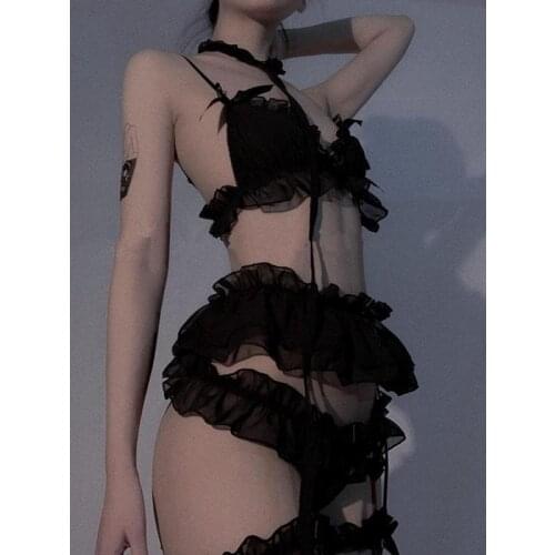Sexy Women Lace Lingerie Set Ruffle Bra Panties Lace Choker Garter Belt with Leg Bands Set Erotic Underwear Ladies Lingerie Set
