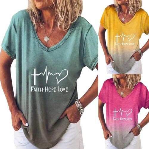 SAGACE Love womens gradient print fashion short sleeve V-neck lettered print sleeve T-shirt 2021 new womens wear