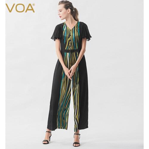 VOA C28m/m Satin Silk Vertical Stripe Print with Peach Heart Collar and Lotus Leaf Short Sleeve Button Placket Jumpsuit K1129