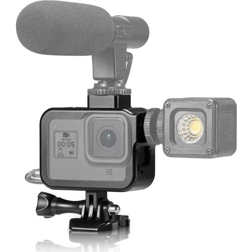 Standard Frame Shell Protective Housing Vlog Cage with Cold Shoe 1/4 inch Adapter for GoPro Hero 8 Black Camera Live Streaming