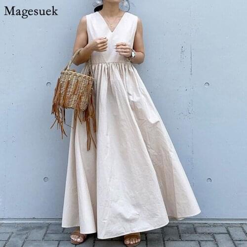 Loose Sleeveless Women Dress Summer New Pleated Casual Female Dresses Eleagnt V Neck Cotton Solid High Waist Dress Vestido 15818