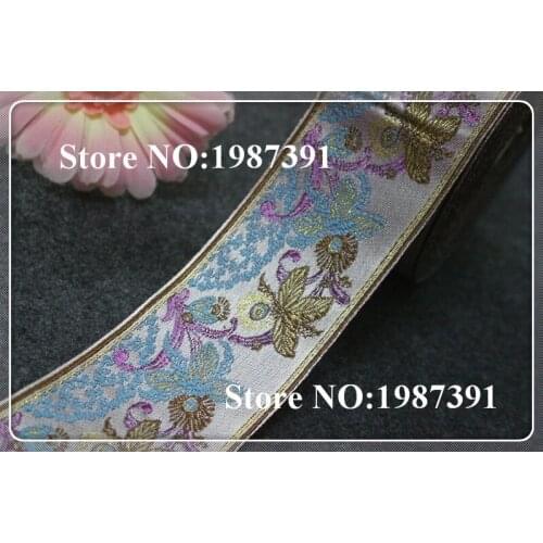 5yards/lot wide 6cm Woven Jacquard Ribbon silver background purple flowers pattern curtain and clothing accessory LS-5485