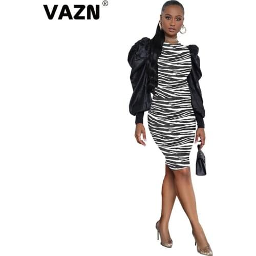 VAZN 2020 Top Quality Leopard Sexy Elegant Mature Office Daily Regular Style Full Sleeve High Waist Women Thin Midi Dress