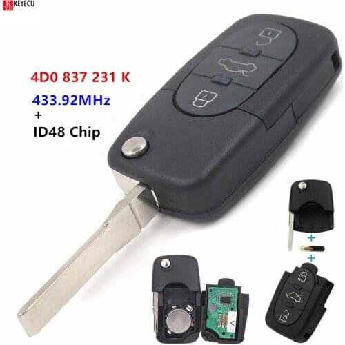 KEYECU Replacement Remote key Keyless Entry Fob 3 Button 433MHZ 4D0 837 231 K 4D0837231K For A6 TT Old Models WIth ID48 Chip
