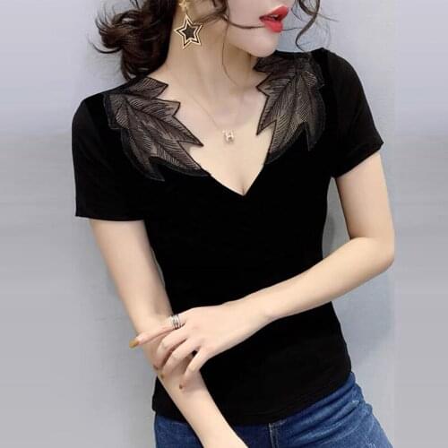 Womens Spring Summer Style Mesh Blouse Shirt Womens Korean Deep V-neck Lace Slim Patchwork Short Sleeve Tops DD8494