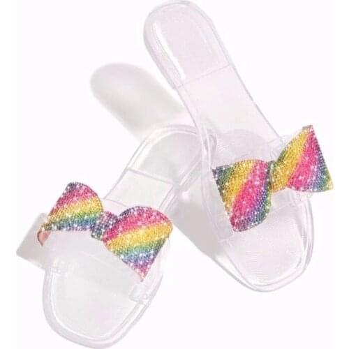 Woman Transparent Jelly Slippers 2021 Summer Women Rainbow Crystal Flats Laides Open Toe Slides Female Beach Shoes