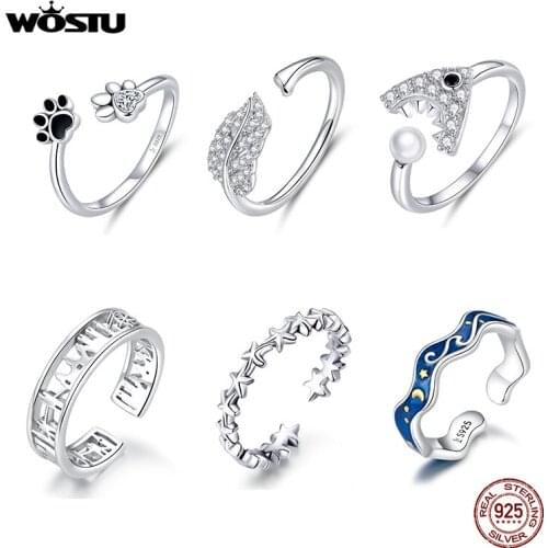 WOSTU Real 925 Sterling Silver Wedding Ring Adjustable Open Size Engagement Finger Rings For Women Fashion Jewelry Gift