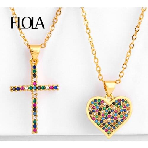 FLOLA Rainbow Cross Pendant Necklace Woman Zirconia Colored Heart Rainbow Necklace Gold Christian Jewelry collar arcoiris nkep56