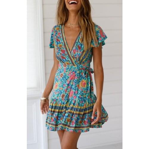 Happie Queens women green floral print deep V-neck Bohemian mini dress ladies short sleeve rayon cover Boho sundress