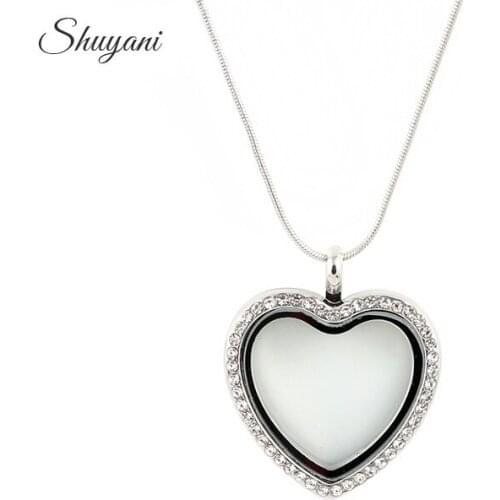 10PCS Free snake Chains Mix Color Crystal Heart Memory Glass Magnet Locket Pendant Floating Necklace Lockets