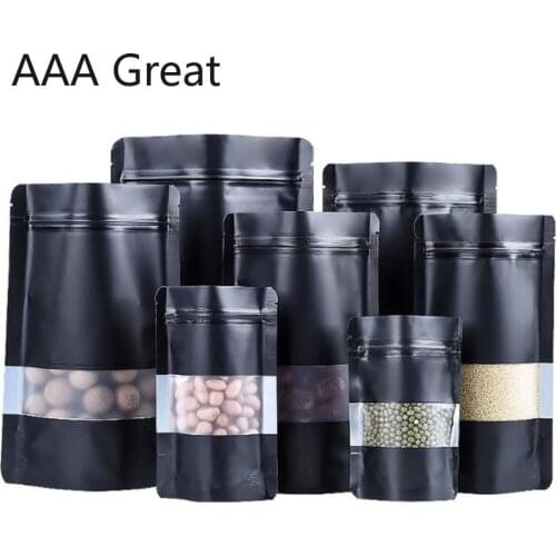 100Pcs/Lot Stand Up Zip Lock Foil Pouches Aluminum Foil Standing Black Food Storage Zip Lock Bags Window Matte Packaging Mylar