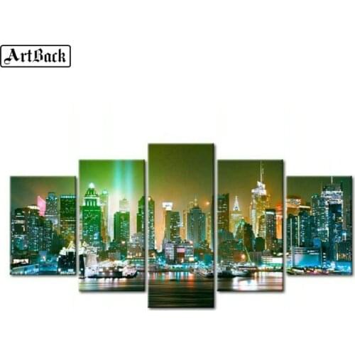 5d diy diamond painting city night landscape full square drill mosaic artwork 3d round embroidery sticker 1 set of 5 pieces