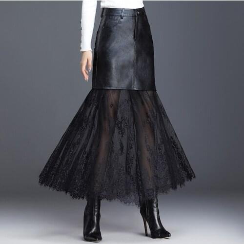 Black PU Leather Skirt Women 2020 New Maxi Sexy Lace Splice High Waist Bodycon Skirt Office Ladies A Line Skirts Plus Size P173