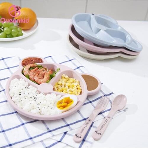 Three-piece childrens dinner plate with spoon and fork wheat straw cartoon eating plate kindergarten divided plate with drop re