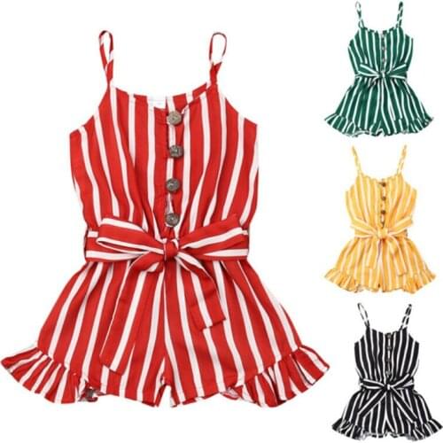 3-8Years Kid Girls Striped Jumpsuit Rompers Summer Girls Sleeveless Button Fly Overalls Playsuit Children Costume Red Black Blue