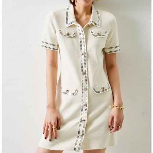French Knitted Button Mini Turn-down Collar Dress Sexy Summer 2021 Short Sleeve Robe Dresses Vintage Sheath Jurk Women