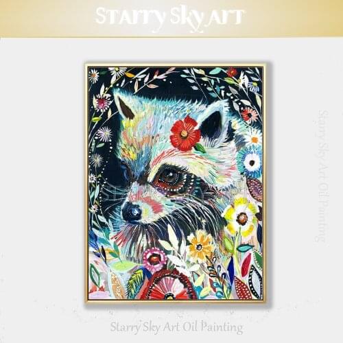 Artist Hand-painted High Quality Colorful Animal Raccoon Oil Painting on Canvas Small Animal Raccoon Oil Painting for Decoration