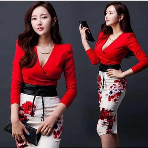 Autumn 2pieces Women Dresses Red Vneck Bandage Sexy Dress Office Print Bodycon Party Formal Dress Ladies 2017 Vestidos De Festa