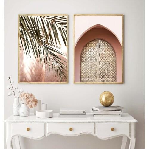 Moroccan Door Green and Golden Leaves Modern Poster Canvas Painting Wall Art Prints Picture Living Room Interior Home Decorative