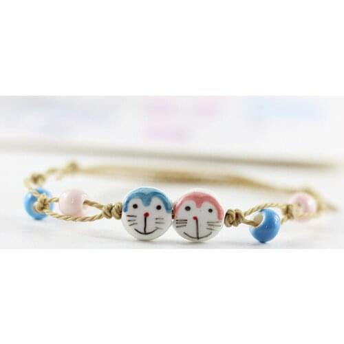 Cute Bracelet For Women Cartoon Cat Fish Design Bracelets Ceramic Beads Double Rope Knot Bangle Girls Charm Bangles Jewelry Gift