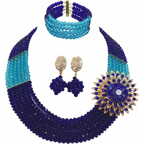 Fashion Royal Blue Lake Blue Nigerian Wedding Beads Statement Necklace African Jewelry Set for Women Crystal 6-SS18