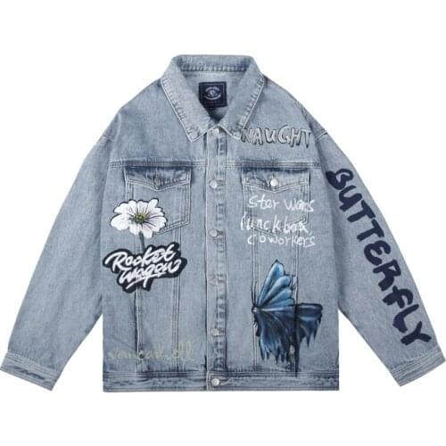 Mens Graffiti Hip Hop Jeans Jacket Hi Street Painted Harajuku Denim Coat Hi Street Printed Cowboy Outerwear Tops Loose Fit
