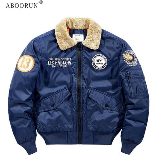 ABOORUN Mens Winter Air Force Pilot Bomber Jackets Loose Down Cotton Woolen Jackets Casual Warm Coat for Male