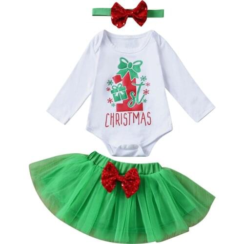 Citgeett Autumn Christmas Infant Baby Girls Outfits Suit Letter Romper and Bow Skirt Headband Xmas Clothes Set