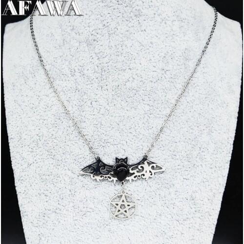 2021 Gothic Stainless Steel Bat Necklaces for Women Witchcraft Pentagram Silver Color Necklace Jewelry collar mujer N3060S01