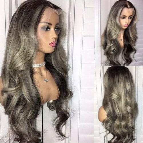 Grey Lace Frontal Human Hair Wigs Pre Plucked Glueless Ombre Grey Highlight Loose Body Wave Wigs For Black Women Bleached Knots