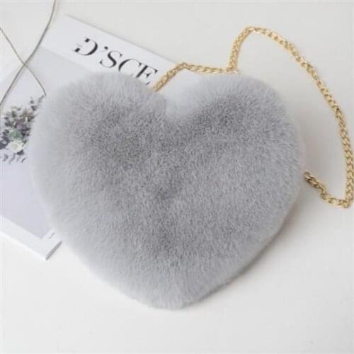 Gray Lady Faux Fur Women Bag Winter Chains Heart Shaped Girls Princess Trendy Furry Plush Crossbody Casual Soft Ins Women Bags