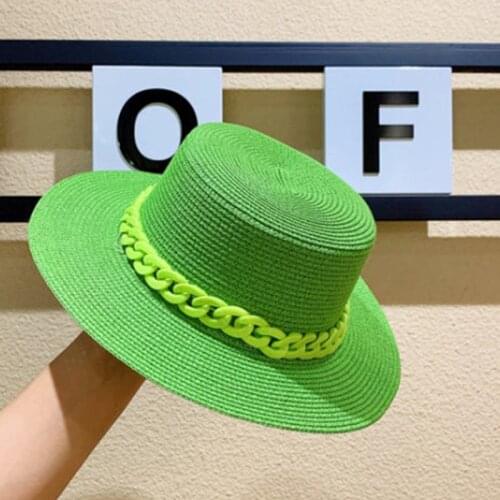Straw hat macaron color sun hat flat top fashion color chain with top hat acrylic beach hat candy color sun hat