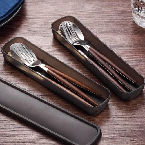 Tableware Cutlery Forks+Spoons+Knives with Plastic Box Set Portable Travel Wooden Handle Dinnerware Set 1 Set