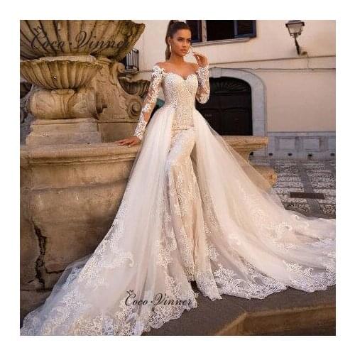 Vintage Long Sleeves Button Illusion Delicate Embroidery Detachable Wedding Dresses Robe De Mariage Sirene Champagne W0613