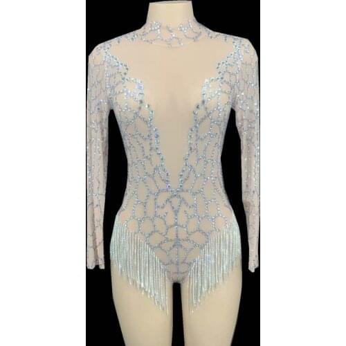 Silver Rhinestones Fringes Backless Transparent Net Bodysuit Women Birthday Celebrate Party Outfit Singer Stage Dance Costume