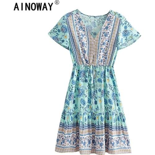 Vintage Chic women floral print tassel sashes beach Bohemian mini dress Ladies V neck zipper fly Summer Boho dress vestidos