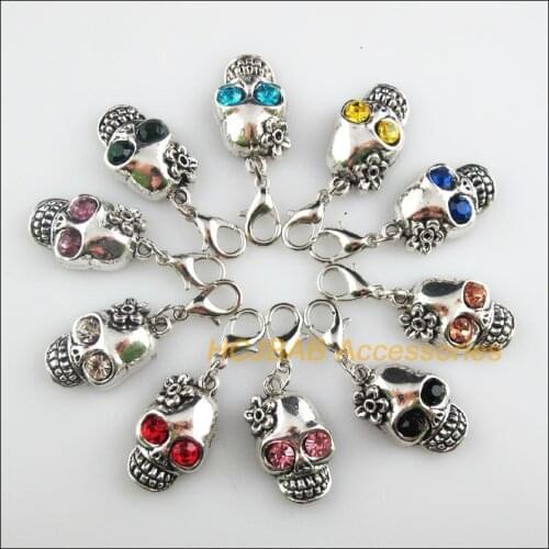 10 New Skull 13x22mm Charms Mixed Round Crystal Tibetan Silver Tone Retro With Lobster Claw Clasps