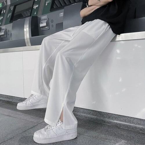 Summer Thin Casual Pants Mens Fashion Black Green White Straight Wide Leg Pants Men Streetwear Loose Leg Ice Silk Pants Mens