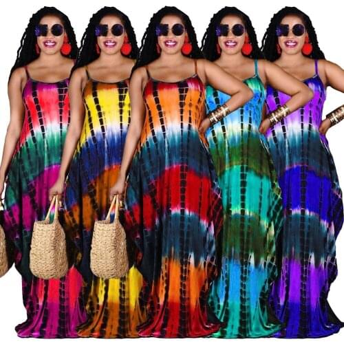 Echoine Women Gradient Tie Dye Print Maxi Dress Spaghetti Strap Loose Dresses 2021 Summer Fashion Casual Streetwear Outfits