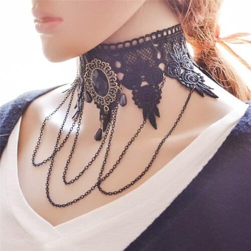 Elegant Sexy Black Lace Neck Choker Necklace Women Rhinestone Pendant Alloy Chain Collar Necklaces Gothic Vintage Party Jewelry