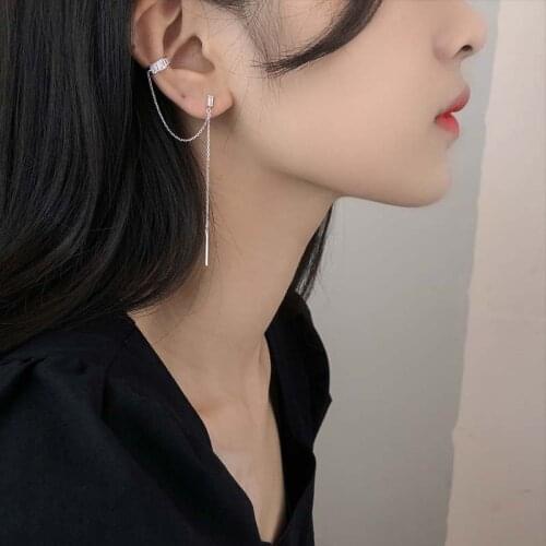 A Girl' New 1 Pair Ear Cuff Earrings Fashion Single Row Crystal Long Tassel Pendientes Ear Clip For Women Jewelry