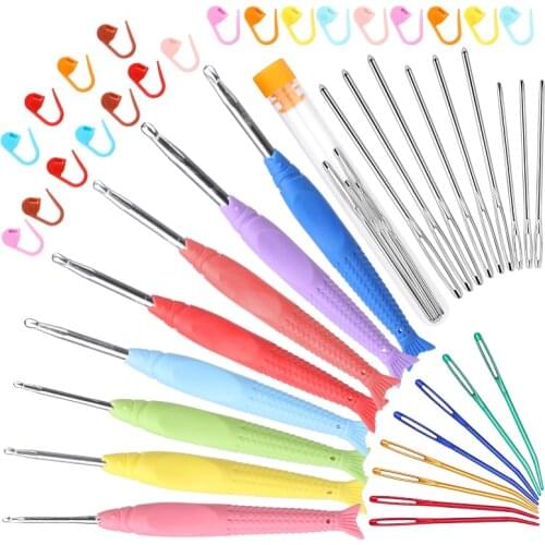 Nonvor Knitting Needles Set Fish Shaped Soft Plastic Handle Crochet Colorful Bent Tip Tapestry Needles Large-Eye Blunt Needles