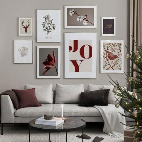 Wall Art Canvas Painting Birds Deer Head Flowers Posters and Prints Nordic Modern Red Hue Quote Pictures For Living Room Decor