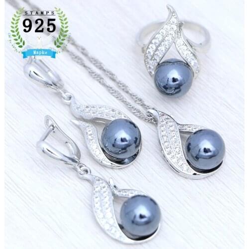 Fire 925 Silver Jewelry Black Pearl Cubic Zirconia Jewelry Set Gift For Women Earrings/Ring/Pendant/Necklace Chain
