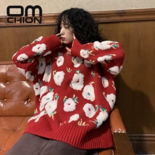 OMCHION Autumn And Winter 2021 New Loose Floral Embroidery Turtleneck Christmas Sweater Oversized Knitted Pullover For Women