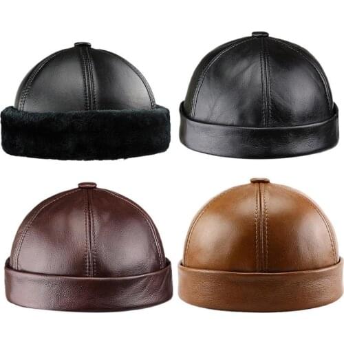 Autumn Winter Sheepskin Cowhide Adjustable Hat Landlord Leather Cap Middle-age Elderly Grandpa Grandma Black Brown Hat Plus Size