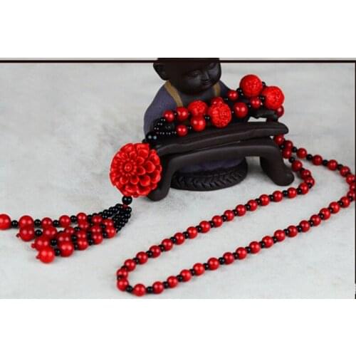 Natural Genuine Red Vermilion Necklace pearl jewelry Carved Flower Pendant Jewelry Black beads Sweater Chain For Womens Jewelry