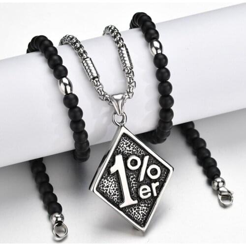 Stainless Steel Luckly Number 1%er Pendant Necklace Black Stone Strand Beads Necklaces Gothic Bike Jewelry