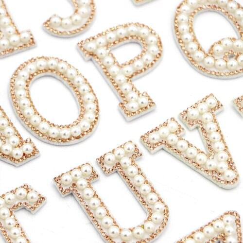 Prajna A-Z Pearl Golden Rhinestone English Cute Letter Patches Sew/Glue on Patches Applique 3D Handmade Letters Beaded Diy Patch