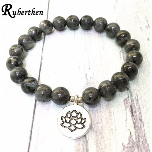 Ruberthen 2019 New Gray Larvikite Lotus Charm Bracelet Natural Gem Stone Men`s Energy Bracelet Meditation Practice Bracelet